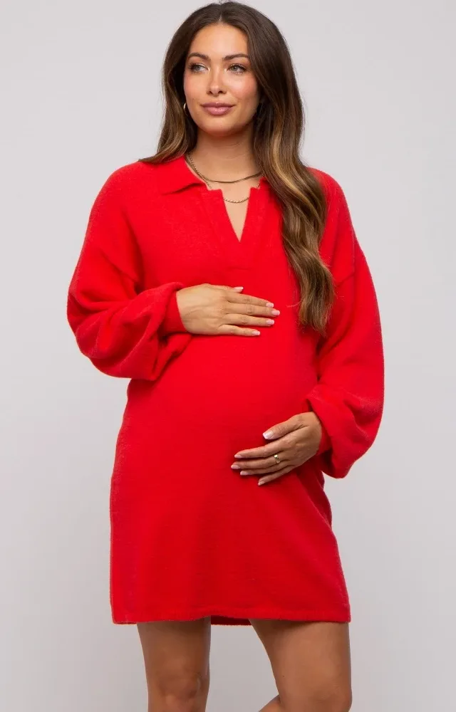 Red Maternity Mini Sweater Dress