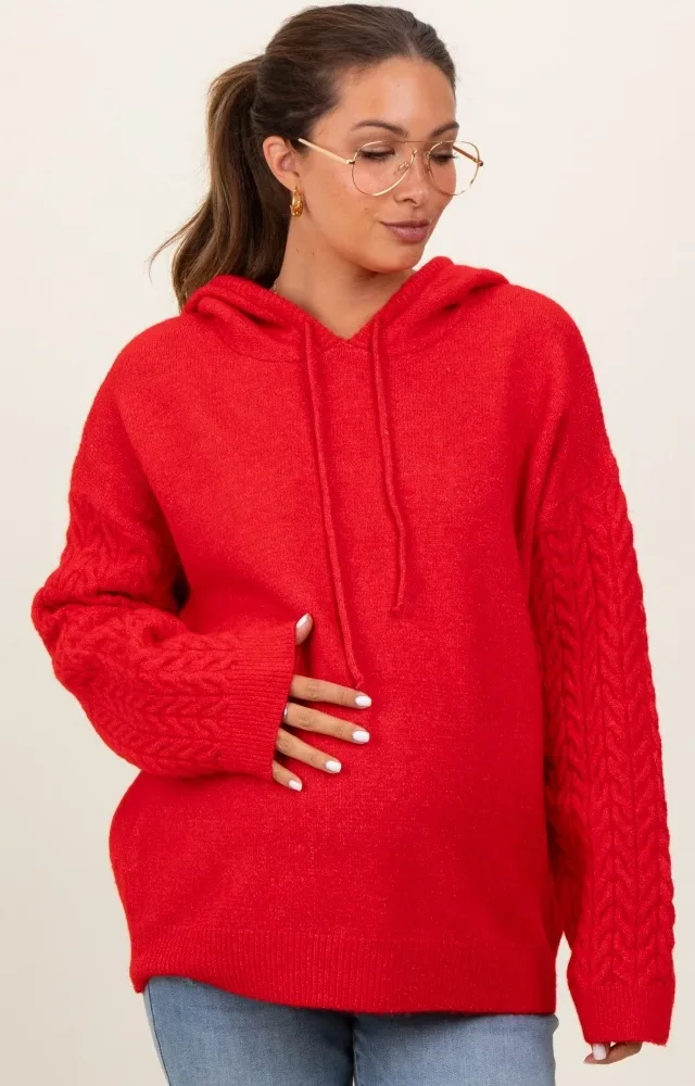 Red Mixed Knit Maternity Hooded Sweater