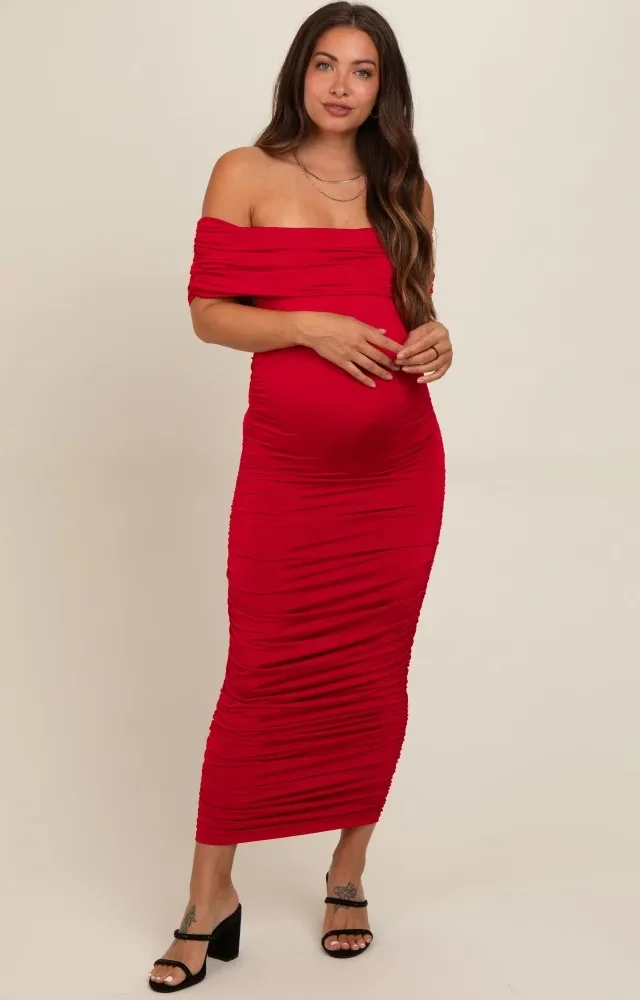 Red Off Shoulder Ruched Maternity Midi Dress