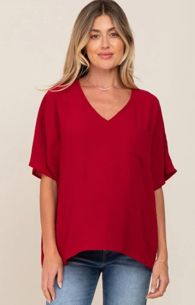 Red Oversized V-Neck Pocket Front Maternity Blouse