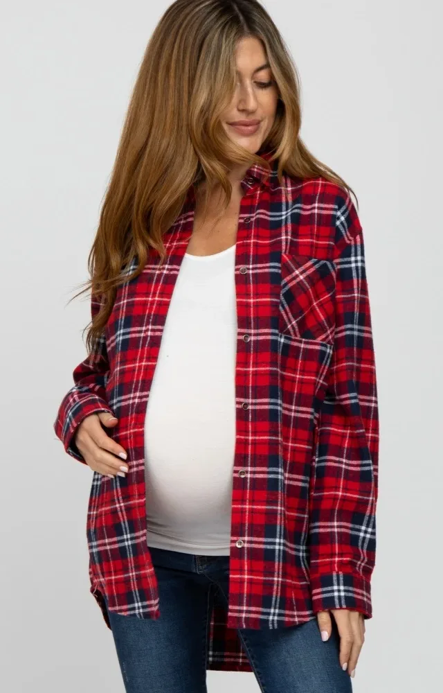 Red Plaid Button Up Flannel Maternity Top