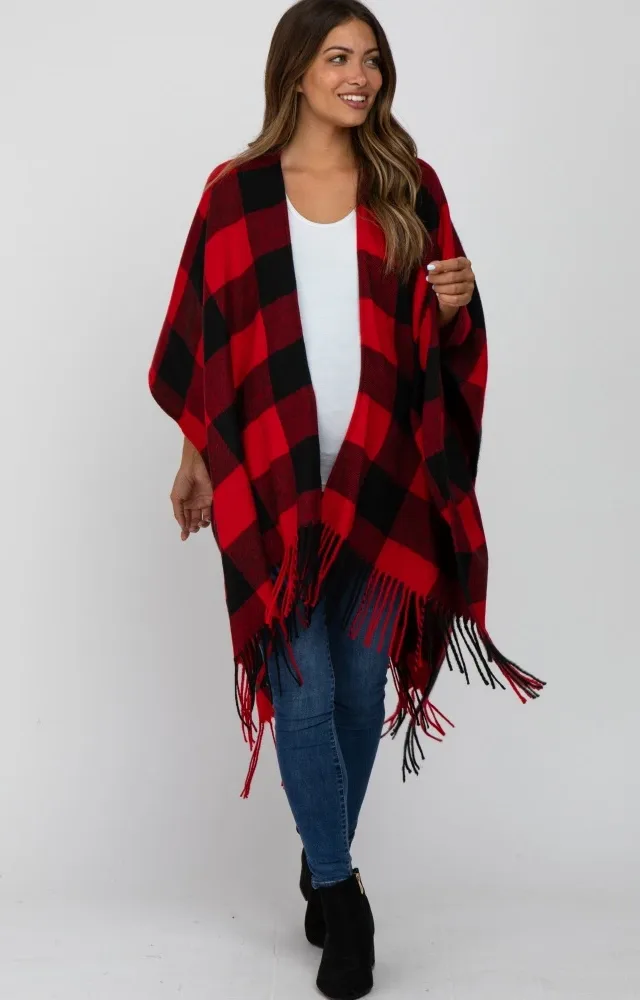 Red Plaid Fringe Maternity Poncho