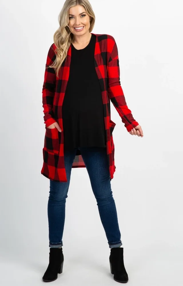 Red Plaid Long Sleeve Maternity Cardigan