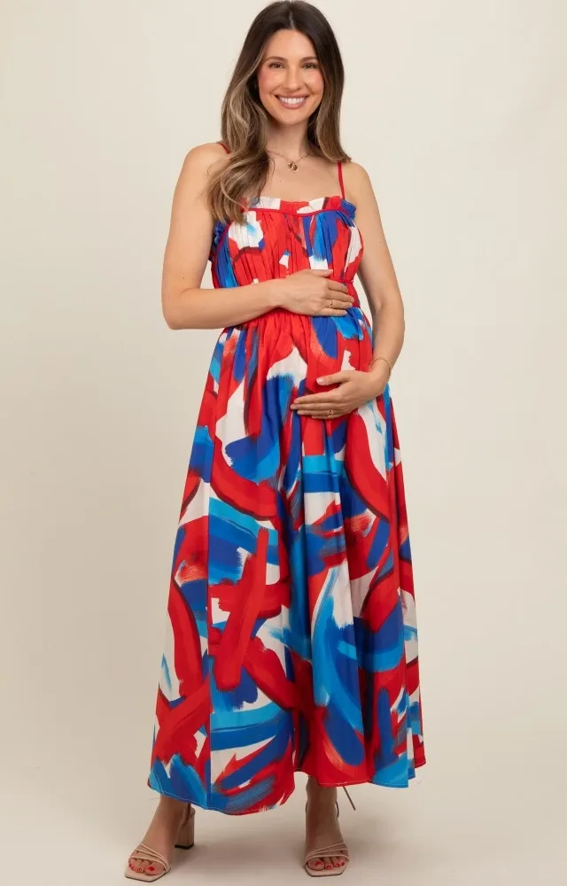 Red Pleated Binding Brushed Print Maternity Maxi Dress