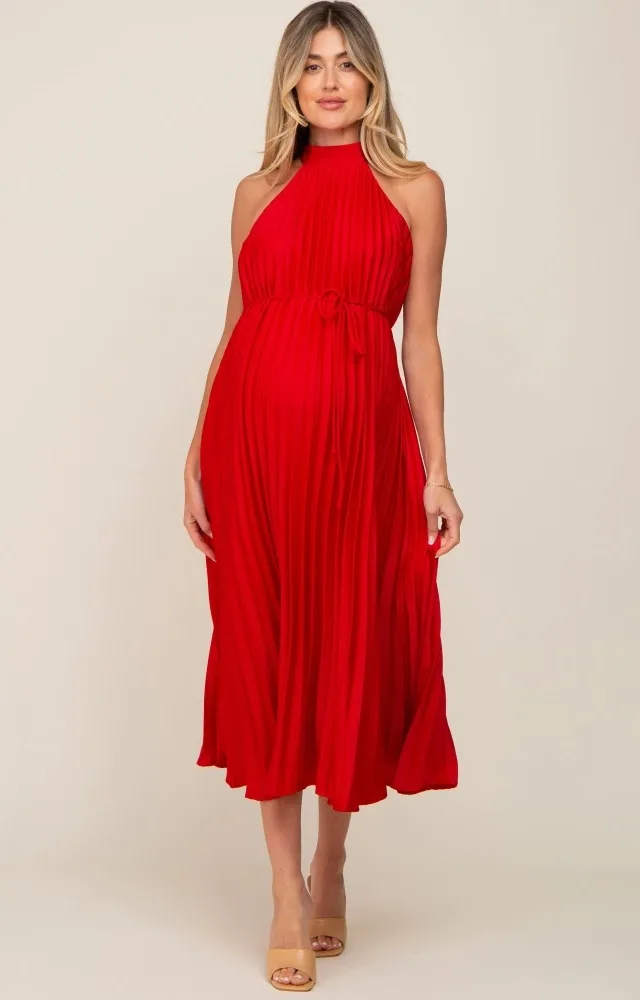 Red Pleated Maternity Halter Dress