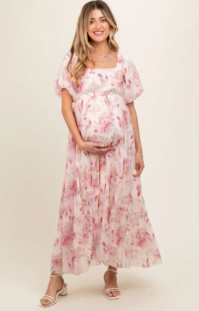 Red Puff Sleeve Square Neck Maternity Dress