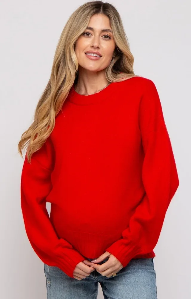 Red Ribbed Cuff Maternity Sweater