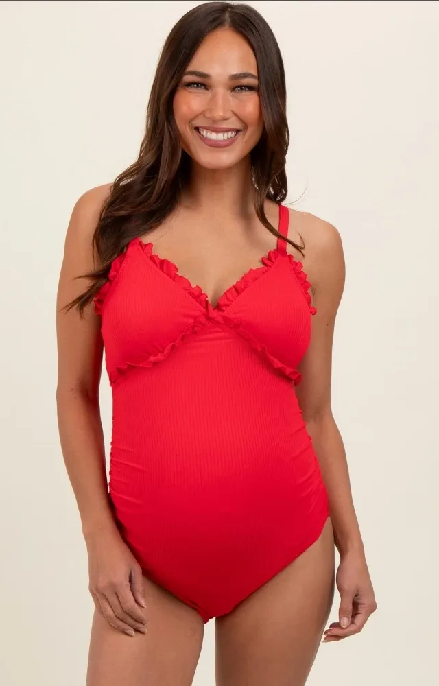 Red Ribbed Lettuce Edge V-Neck Maternity One-Piece Swimsuit