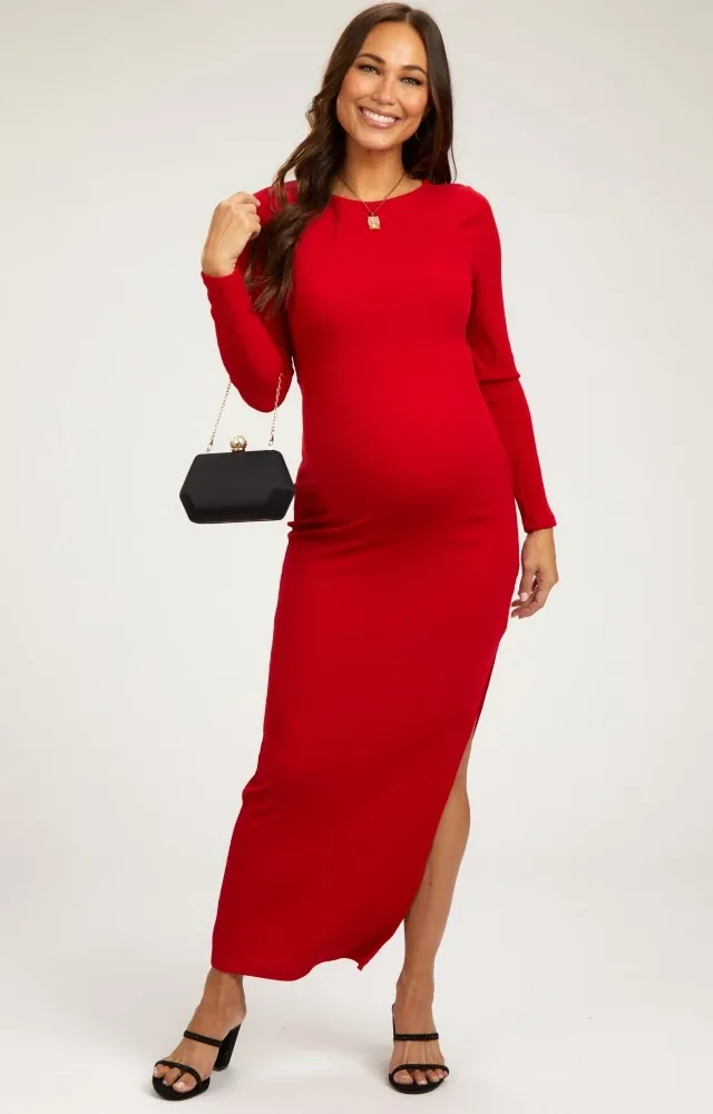 Red Ribbed Long Sleeve Side Slit Maternity Maxi Dress