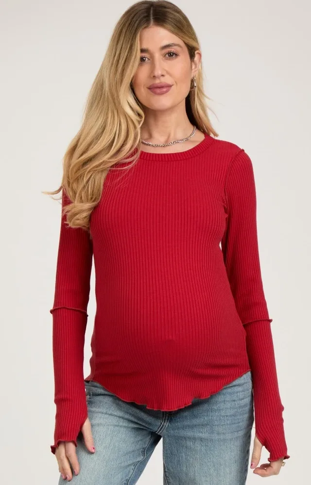 Red Ribbed Maternity Long Sleeve Top