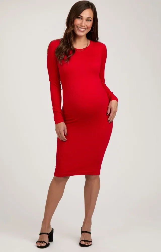 Red Ribbed Maternity Seamless Fitted Dress