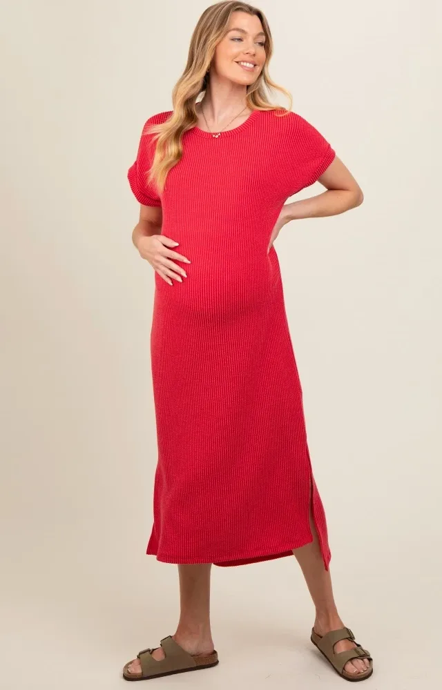 Red Ribbed Short Sleeve Maternity Midi Dress