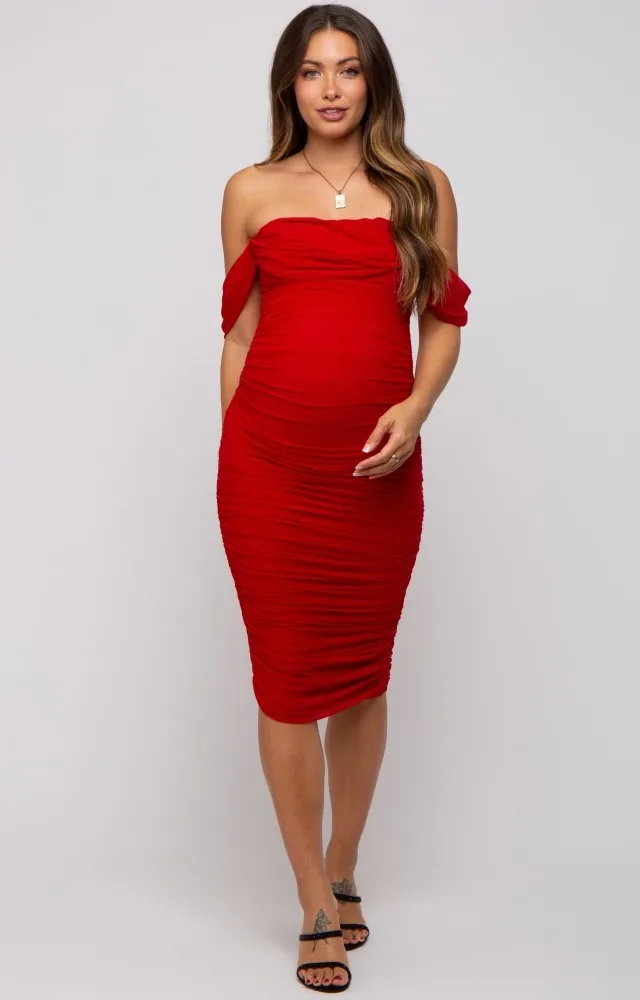 Red Ruched Off Shoulder Maternity Dress