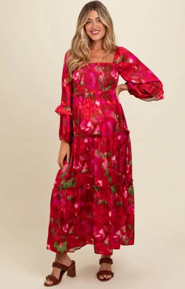 Red Satin Floral Smocked Ruffle Tier Maternity Maxi Dress