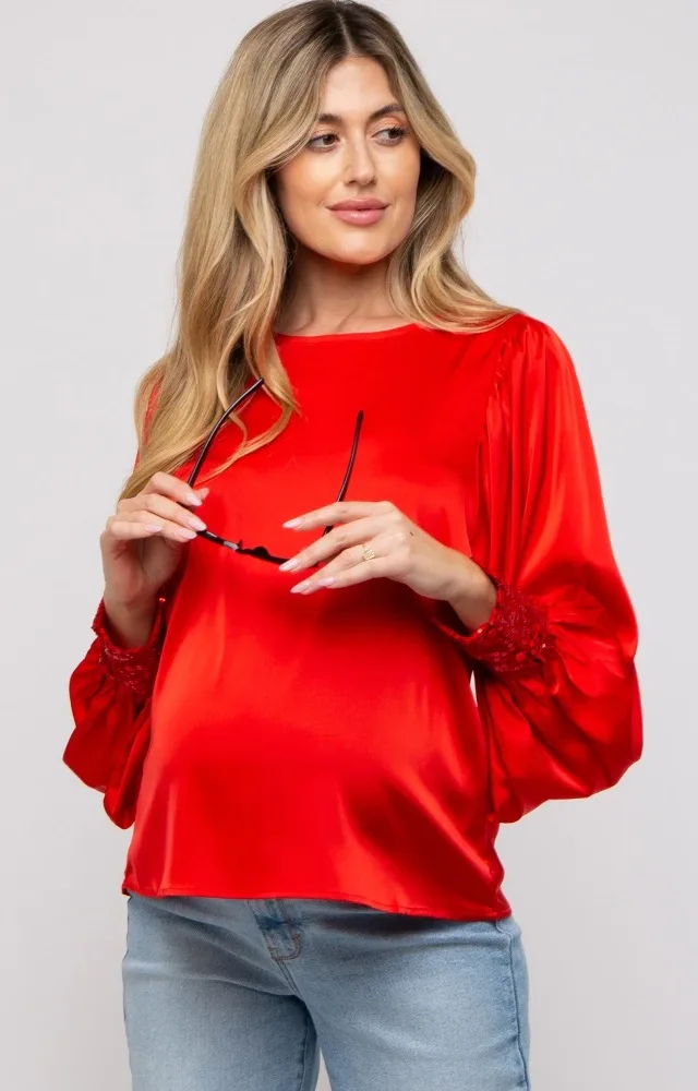 Red Satin Sequin Cuff Maternity Blouse