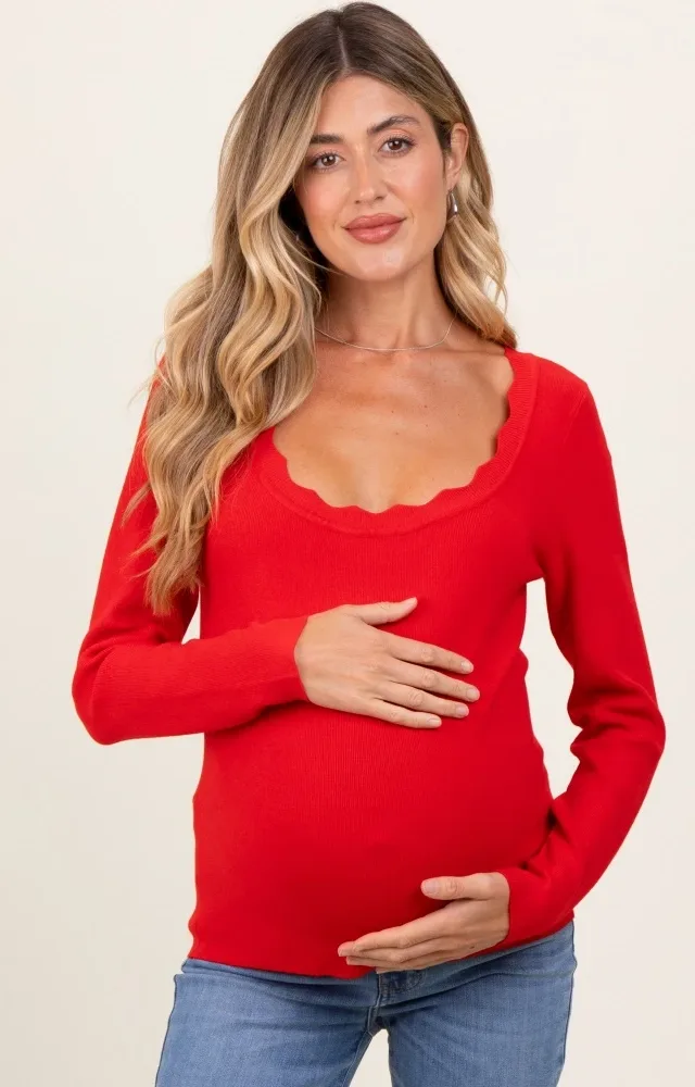 Red Scallop Hem Square Neck Maternity Sweater