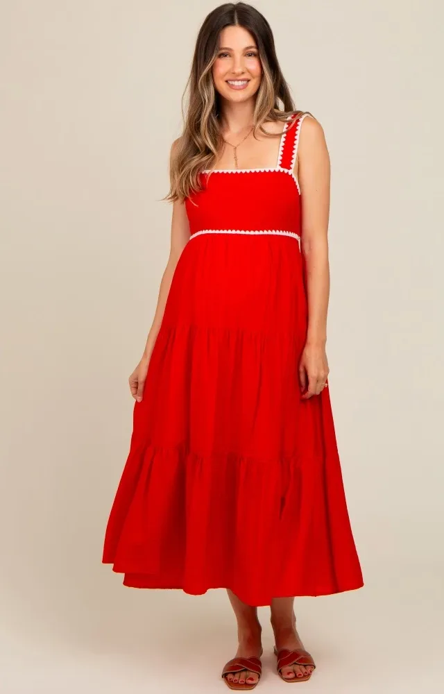 Red Scallop Trim Tiered Maternity Midi Dress