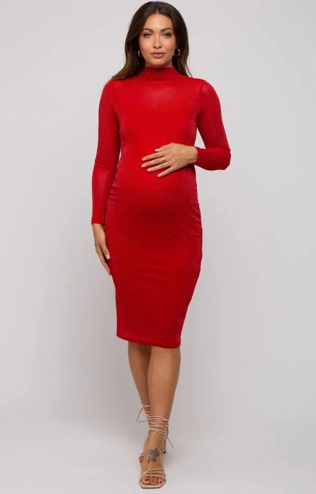 Red Shimmer Mesh Long Sleeve Maternity Dress