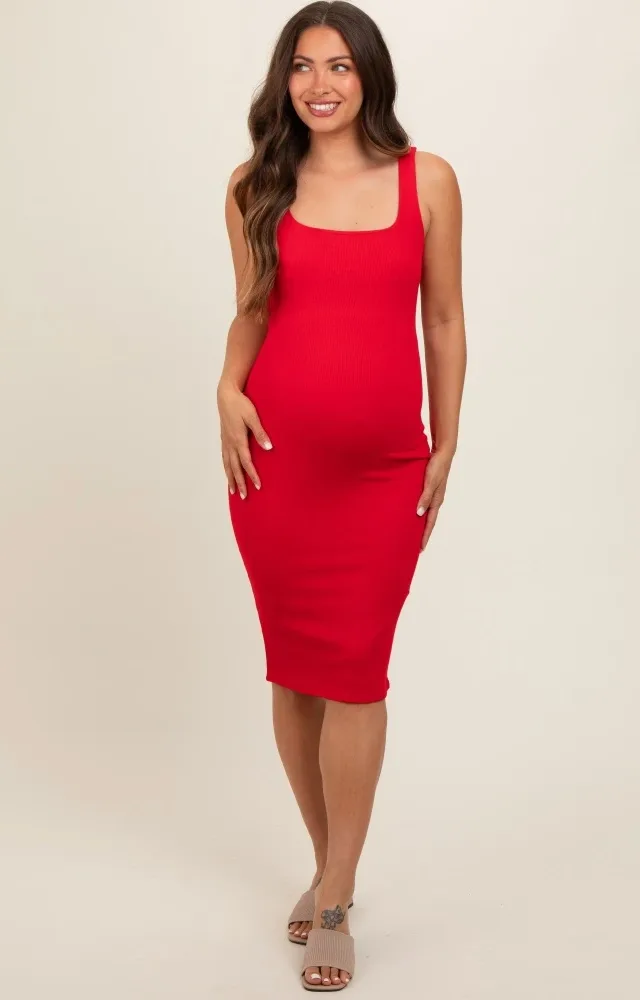 Red Sleeveless Ribbed Square Neck Maternity Midi Dress