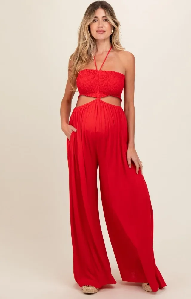 Red Smocked Drawstring Halter Side Cutout Maternity Jumpsuit