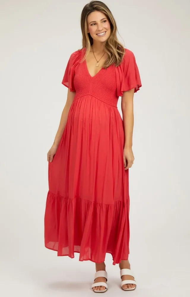 Red Smocked Flutter Sleeve Maternity Midi Dress