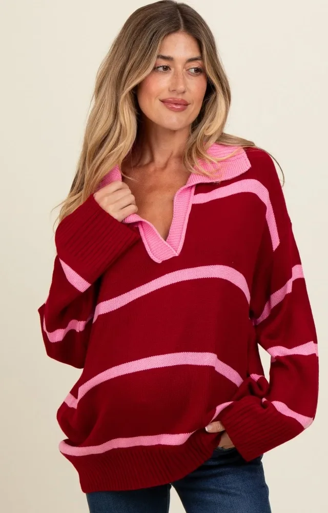 Red Striped Collared Maternity Sweater