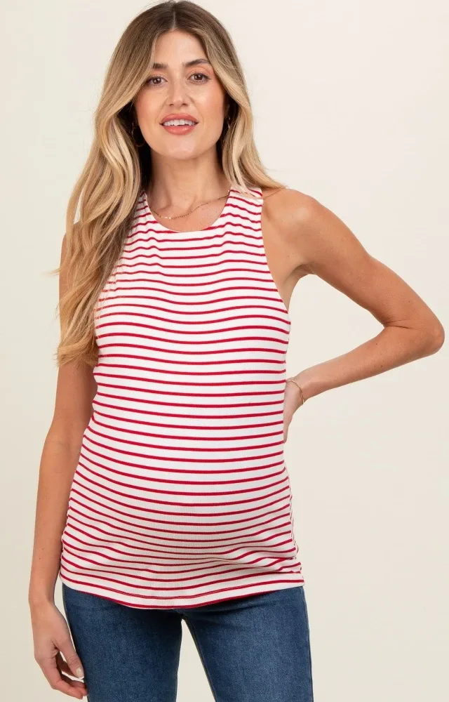 Red Striped High Neckline Maternity Tank