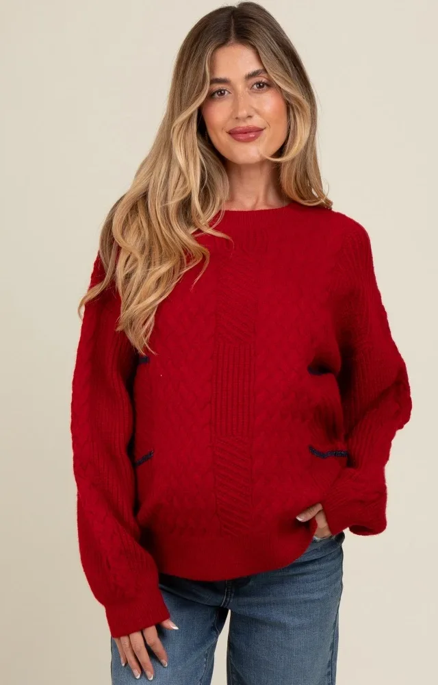 Red Striped Mixed Cable Knit Maternity Sweater