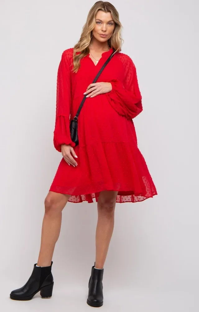 Red Swiss Dot Chiffon Tiered Maternity Dress