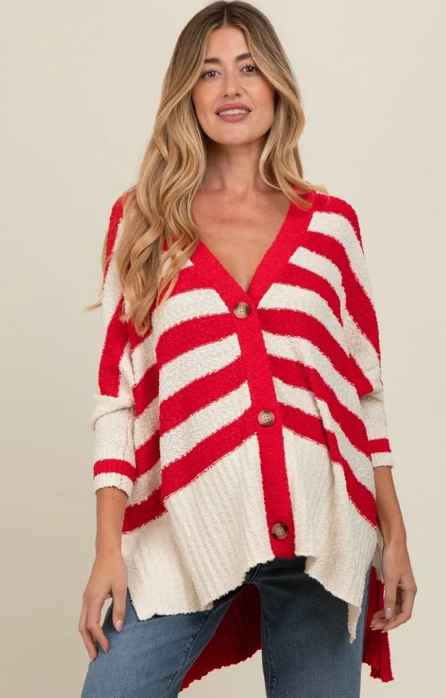 Red Textured Knit Striped Oversized Maternity Cardigan