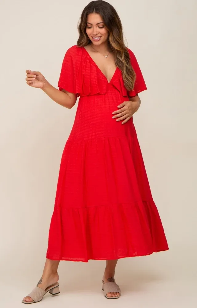 Red Textured Stripe Deep V-Neck Layered Sleeve Maternity Maxi Dress