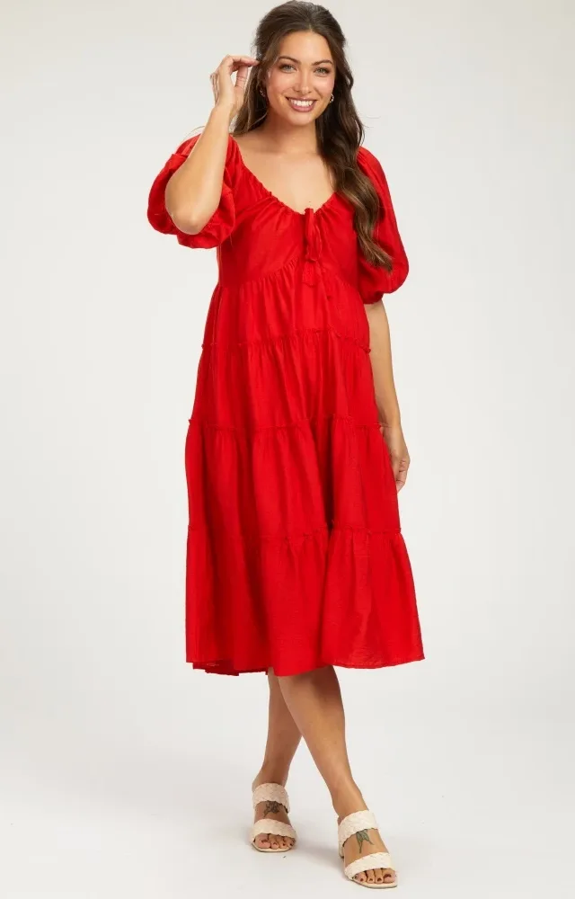 Red Tiered Maternity Midi Dress