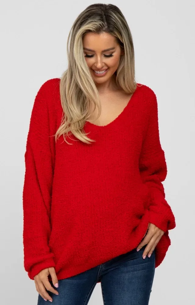 Red V-Neck Soft Maternity Sweater