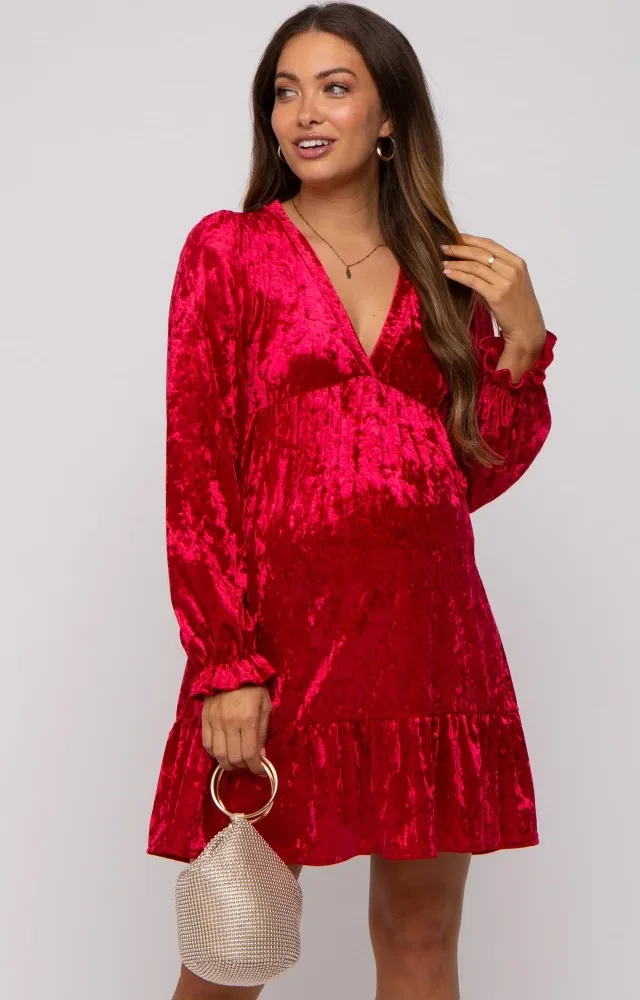 Red Velvet Long Sleeve Maternity Dress