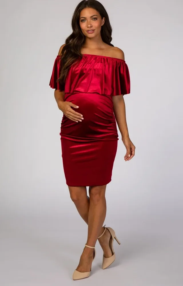 Red Velvet Off Shoulder Maternity Dress