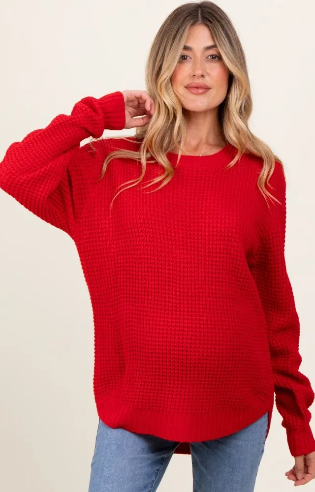 Red Waffle Knit Rounded Hem Maternity Sweater