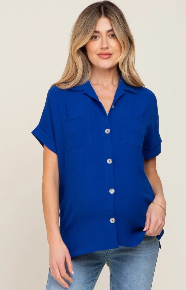 Royal Blue Collared Button-Down Short Sleeve Maternity Blouse