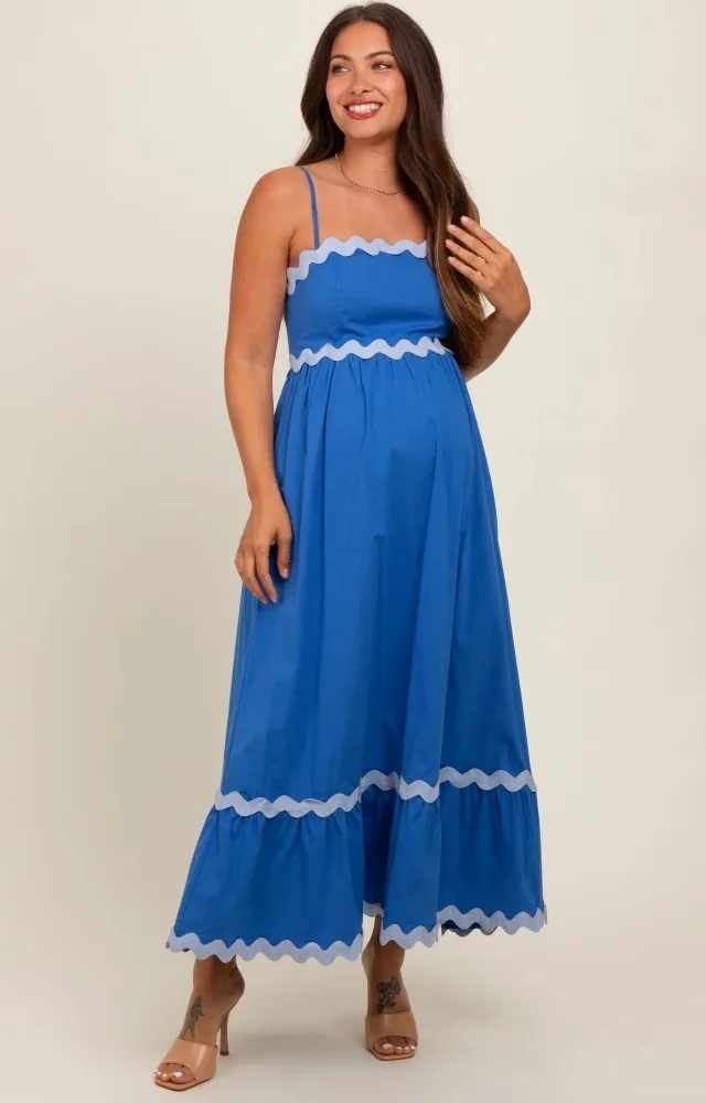 Royal Blue Contrast Wavy Trim Maternity Maxi Dress