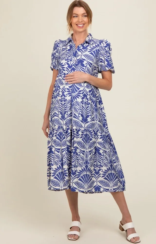 Royal Blue Damask Print Button Down Maternity Midi Dress