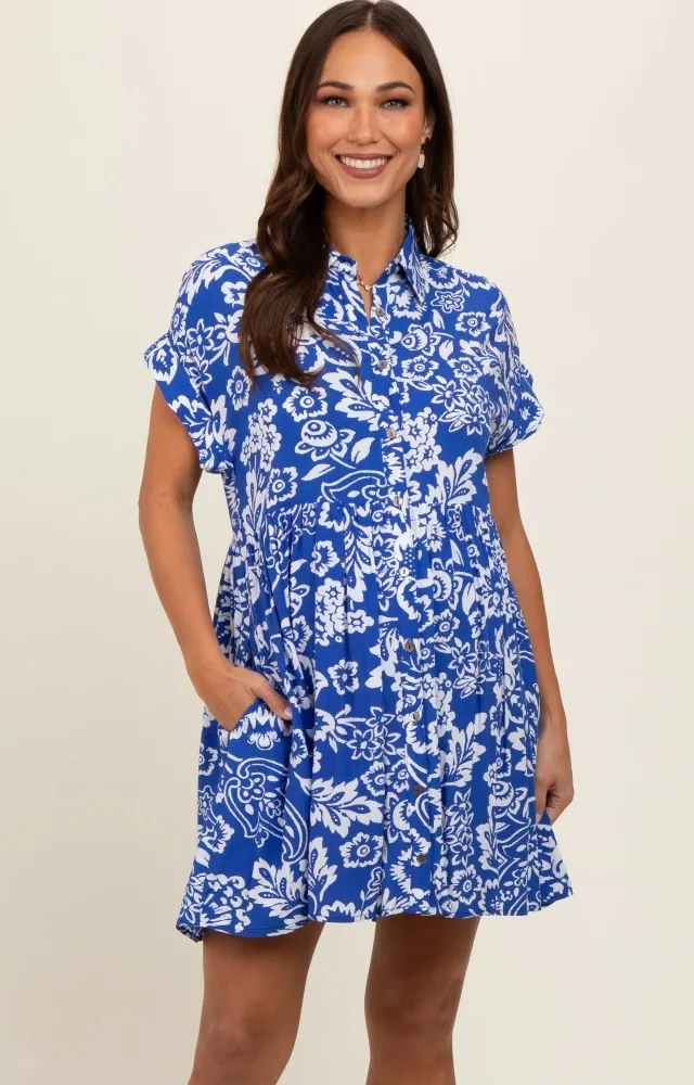 Royal Blue Floral Button Front Collared Maternity Dress