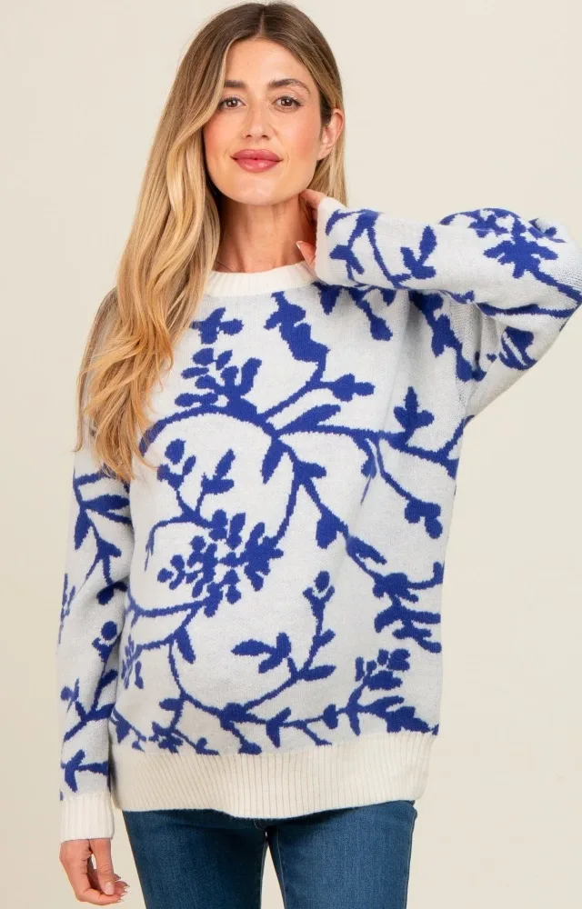 Royal Blue Floral Drop Shoulder Maternity Sweater