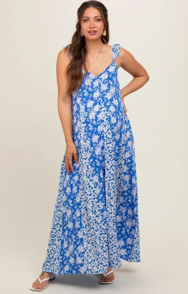 Royal Blue Floral Ruffle Shoulder Cut-Out Back Maternity Maxi Dress