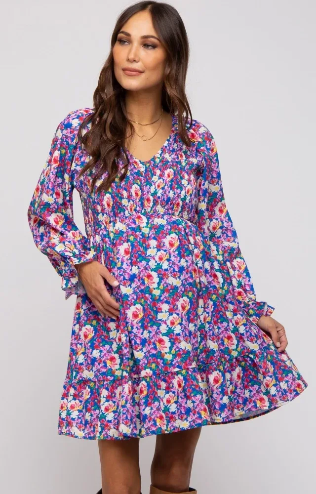 Royal Blue Floral Smocked V-Neck Maternity Dress