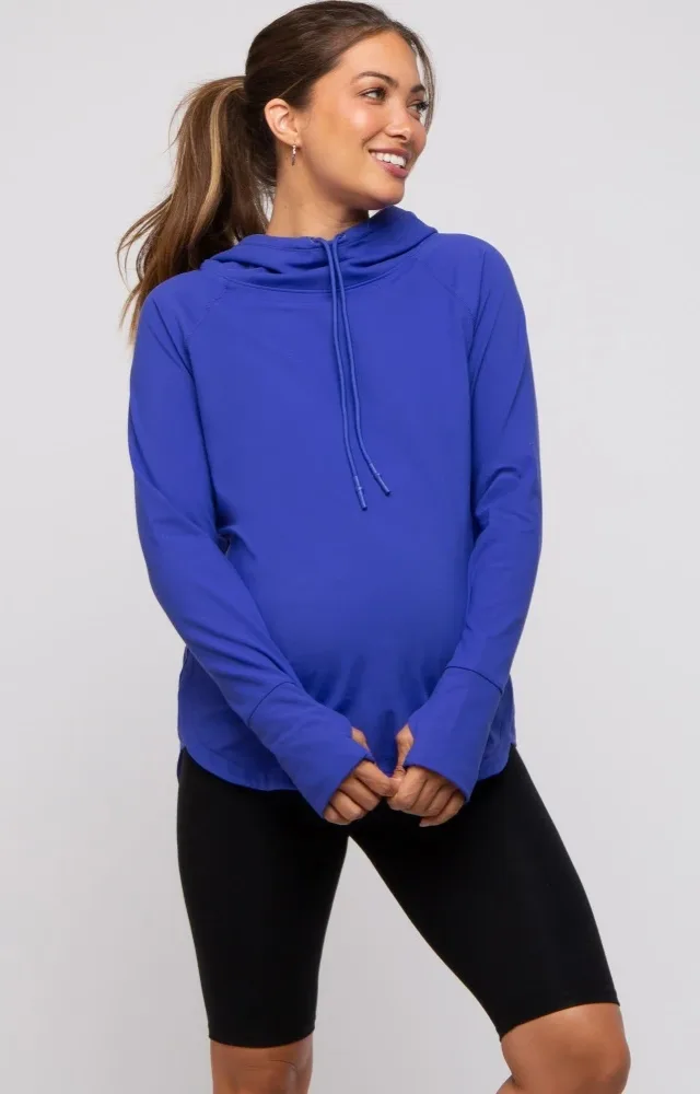 Royal Blue Hooded Long Sleeve Maternity Active Top