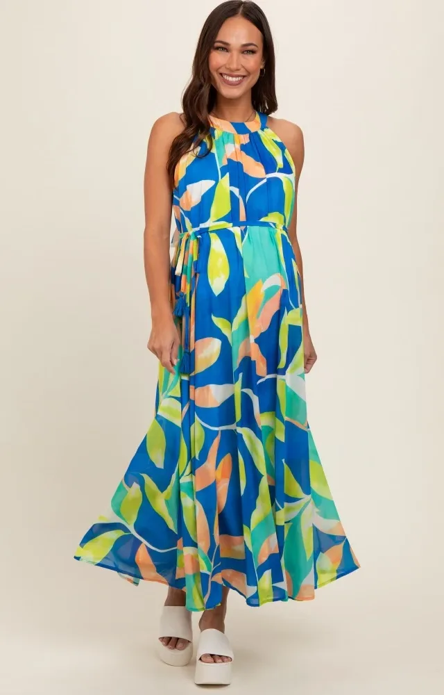 Royal Blue Leaf Print Halter Maternity Midi Dress