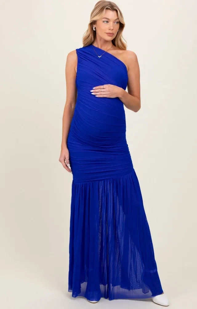 Royal Blue Mesh One Shoulder Maternity Maxi Dress