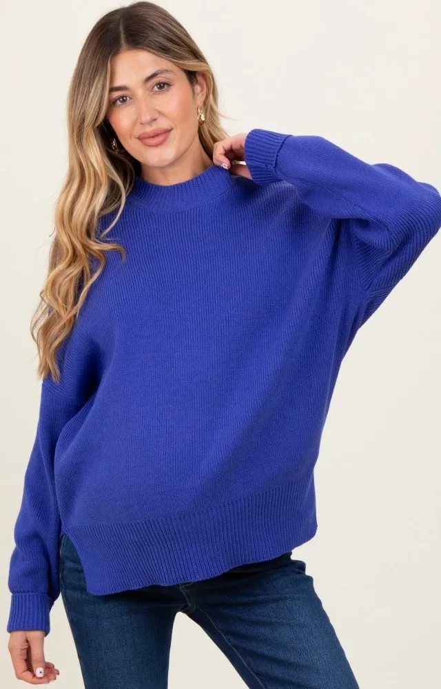 Royal Blue Mock Neck Basic Maternity Sweater