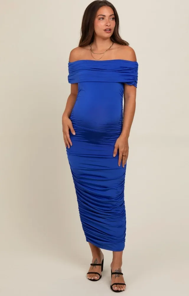 Royal Blue Off Shoulder Ruched Maternity Midi Dress