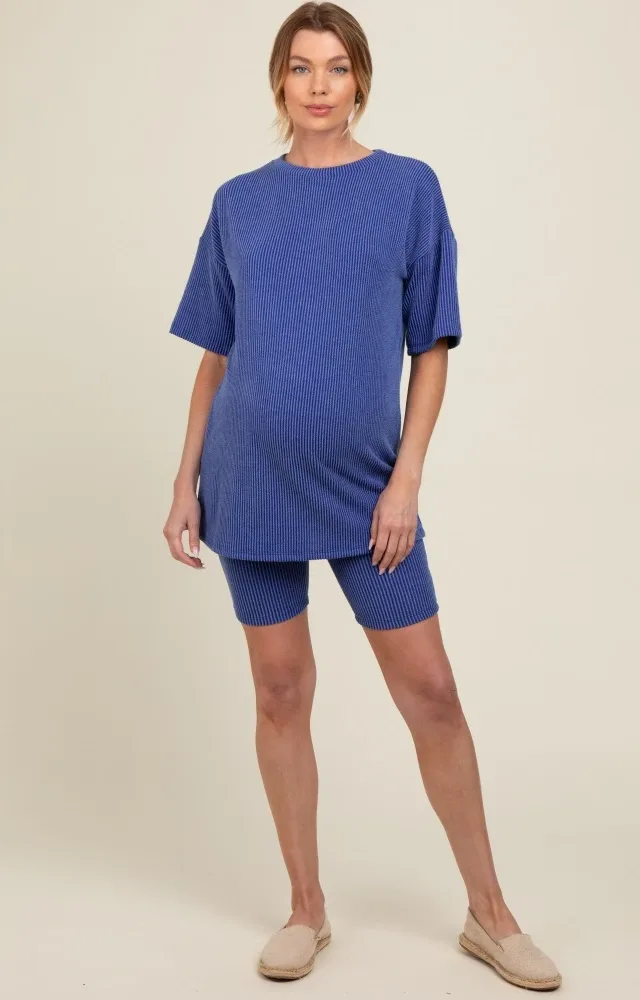 Royal Blue Ribbed Maternity Biker Shorts Set