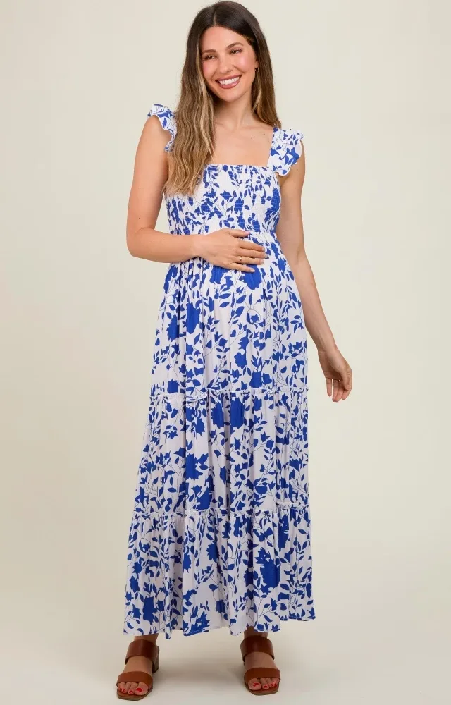 Royal Blue Ruffle Sleeve Tiered Maternity Maxi Dress